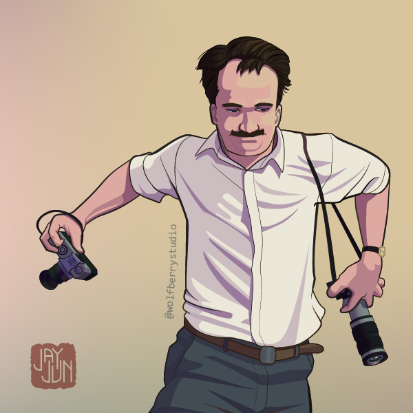 Middle age white man running with 2 cameras.